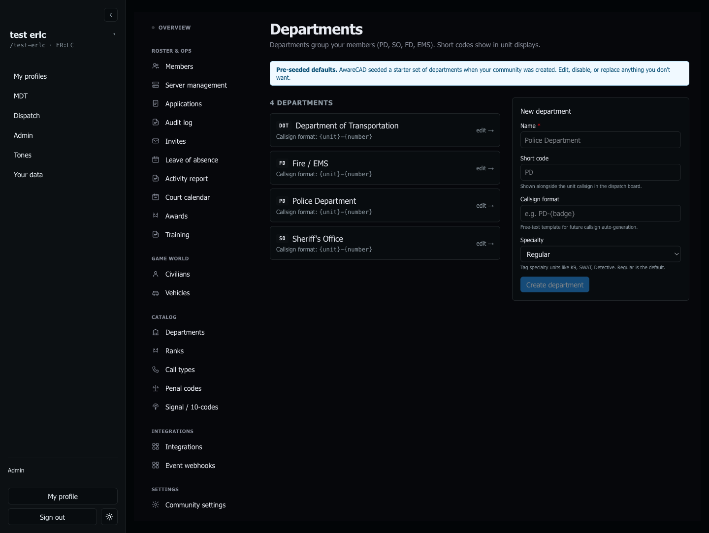 AwareCAD admin — Departments grid with PD / SO / FD / DOT seed defaults and a new-department form.