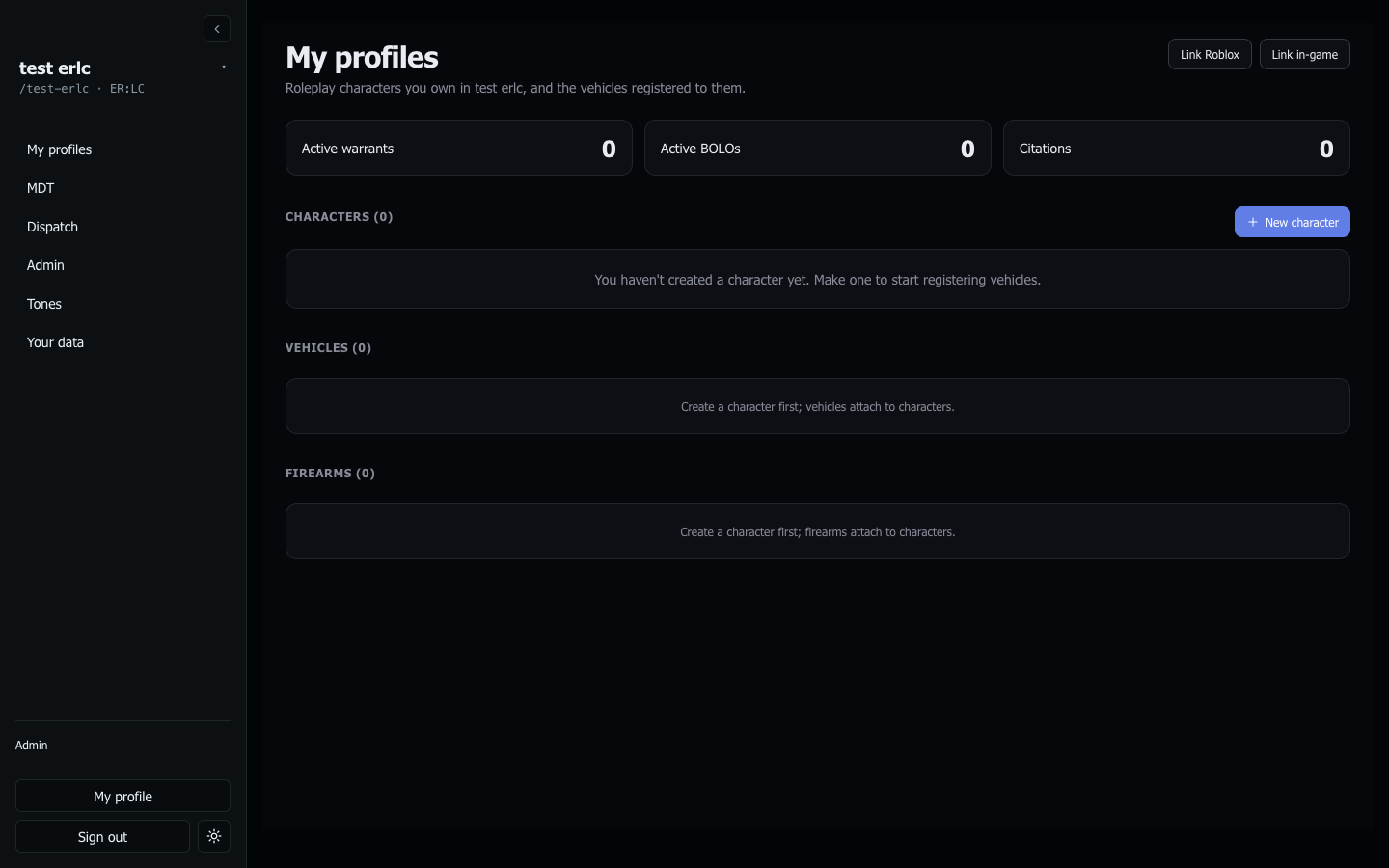 AwareCAD civilian portal — characters, vehicles, firearms, and quick stats.